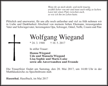 Traueranzeige von Wolfgang Wiegand von Südthüringer Presse