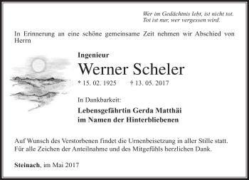 Traueranzeige von Werner Scheler von Südthüringer Presse