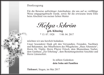 Traueranzeige von Helga Schrön von Südthüringer Presse