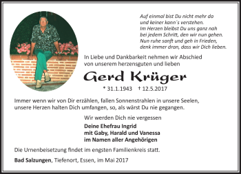 Traueranzeige von Gerd Krüger von Südthüringer Presse