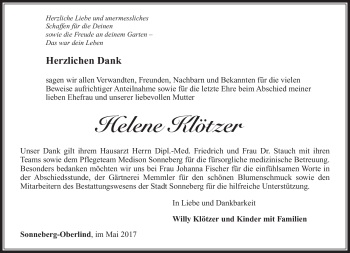 Traueranzeige von Helene Klötzer von Südthüringer Presse