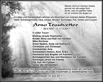 Traueranzeige von Arno Trautvetter von Südthüringer Presse
