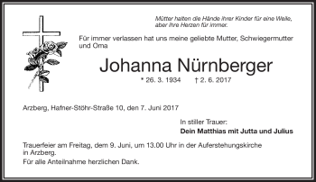Traueranzeige von Johanna Nürnberger von Frankenpost