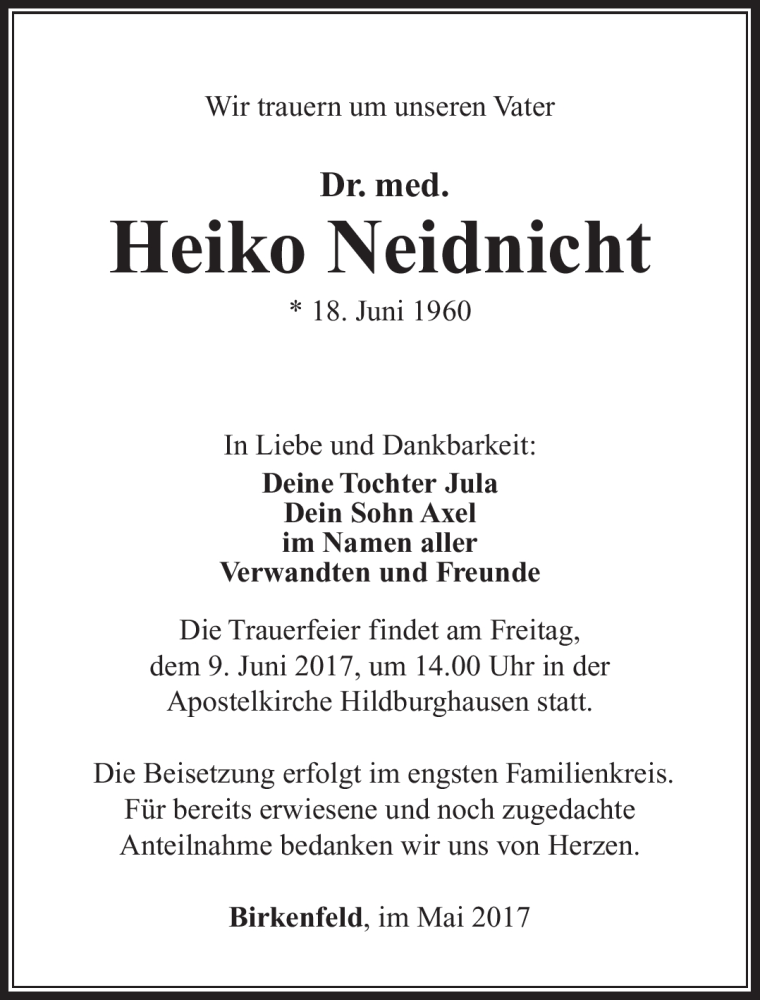  Traueranzeige für Heiko Neidnicht vom 03.06.2017 aus Südthüringer Presse
