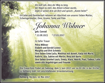 Traueranzeige von Johanna Wöhner von Südthüringer Presse