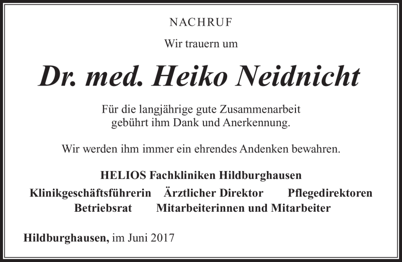  Traueranzeige für Heiko Neidnicht vom 08.06.2017 aus Südthüringer Presse