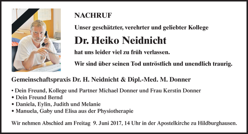  Traueranzeige für Heiko Neidnicht vom 06.06.2017 aus Südthüringer Presse