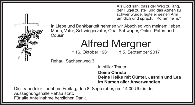  Traueranzeige für Alfred Mergner vom 07.09.2017 aus Frankenpost