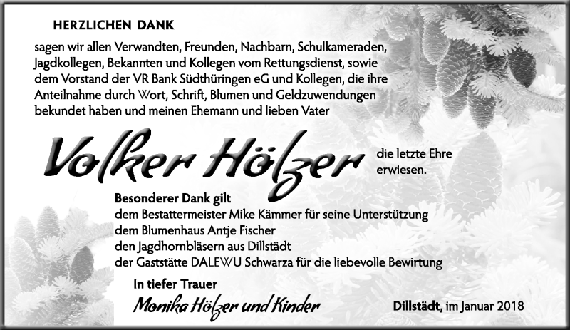  Traueranzeige für Volker Hölzer vom 06.01.2018 aus Südthüringer Presse