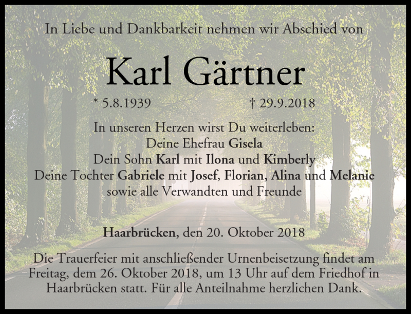 Traueranzeigen von Karl Gärtner frankengedenkt.de