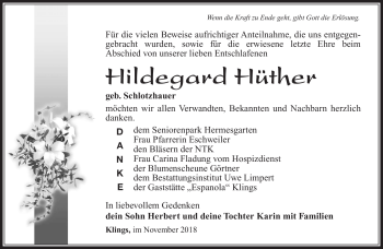 Traueranzeige von Hildegard Hüther von Südthüringer Presse