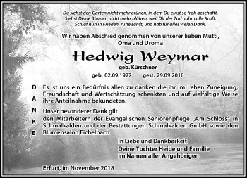 Traueranzeige von Hedwig Weymar von Südthüringer Presse