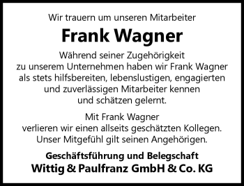 Traueranzeige von Frank Wagner von Neue Presse Coburg