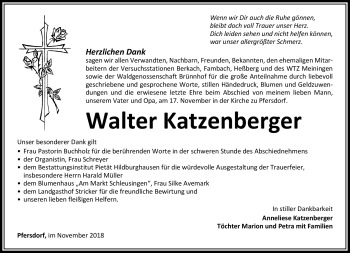 Traueranzeige von Walter Katzenberger von Südthüringer Presse