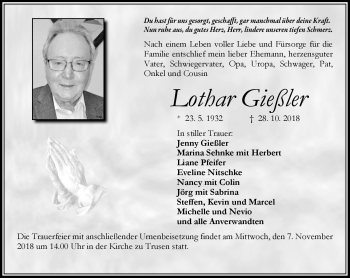 Traueranzeige von Lothar Gießler von Südthüringer Presse