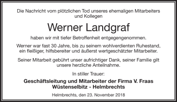 Traueranzeige von Werner Landgraf von Frankenpost
