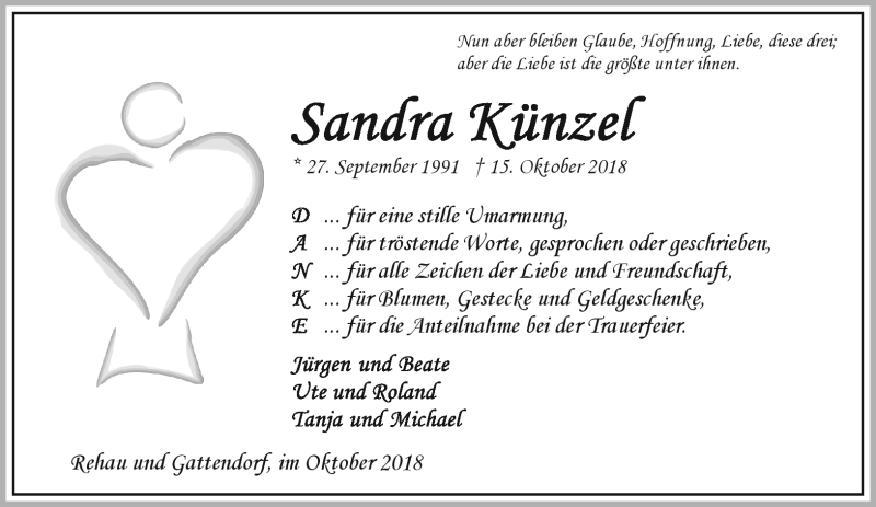  Traueranzeige für Sandra Künzel vom 10.11.2018 aus Frankenpost