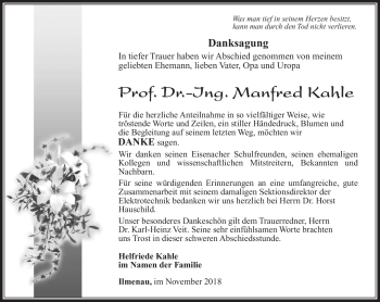 Traueranzeige von Prof. Dr.- Ing. Manfred Kahle von Südthüringer Presse