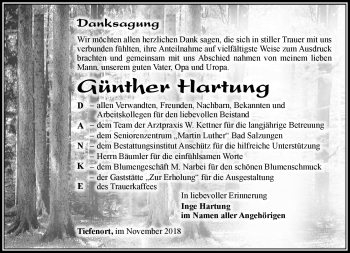 Traueranzeige von Günther Hartung von Südthüringer Presse