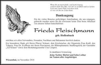 Traueranzeige von Frieda Fleischmann von Südthüringer Presse