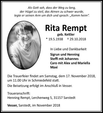 Traueranzeige von Rita Rempt von Südthüringer Presse