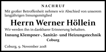Traueranzeige von Werner Höllein von Neue Presse Coburg