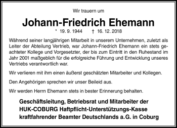 Traueranzeige von Johann-Friedrich Ehemann von Neue Presse Coburg