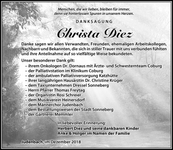 Traueranzeige von Christa Diez von Südthüringer Presse