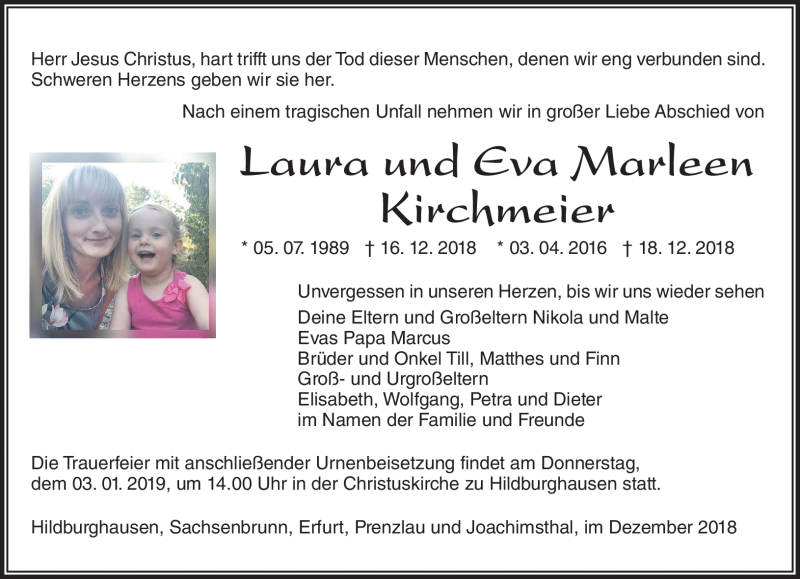  Traueranzeige für LauraEva Marleen KirchmeierKirchmeier vom 22.12.2018 aus Südthüringer Presse