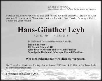 Traueranzeige von Hans-Günther Leyh von Südthüringer Presse