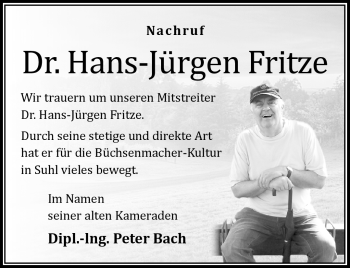 Traueranzeige von Dr. Hans-Jürgen Fritze von Südthüringer Presse