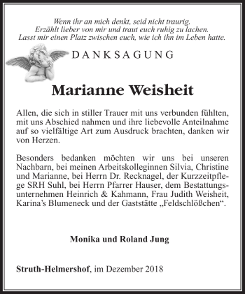 Traueranzeige von Marianne Weisheit von Südthüringer Presse