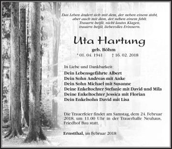 Traueranzeige von Uta Hartung von Südthüringer Presse