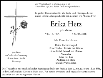 Traueranzeige von Erika Hetz von Neue Presse Coburg