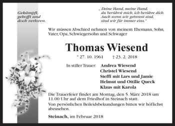 Traueranzeige von Thomas Wiesend von Südthüringer Presse