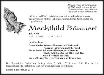 Traueranzeige von Mechthild Bäumert von Südthüringer Presse