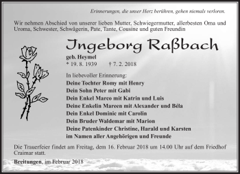 Traueranzeige von Ingeborg Raßbach von Südthüringer Presse