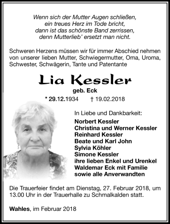 Traueranzeige von Lia Kessler von Südthüringer Presse