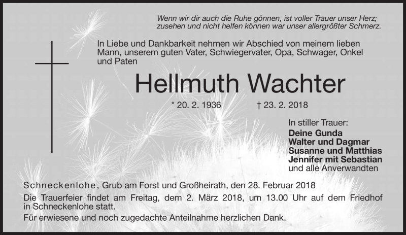  Traueranzeige für Hellmuth Wachter vom 28.02.2018 aus Neue Presse Coburg