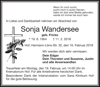 Traueranzeige von Sonja Wandersee von Frankenpost