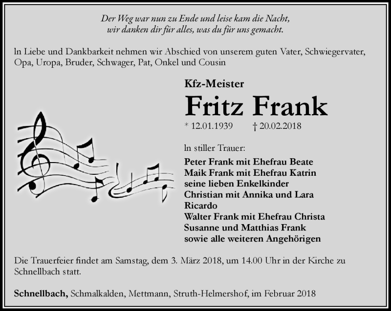  Traueranzeige für Fritz Frank vom 24.02.2018 aus Südthüringer Presse