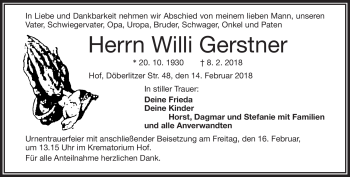 Traueranzeige von Willi Gerstner von Frankenpost