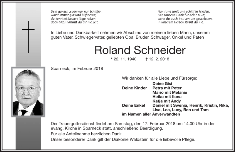  Traueranzeige für Roland Schneider vom 15.02.2018 aus Frankenpost