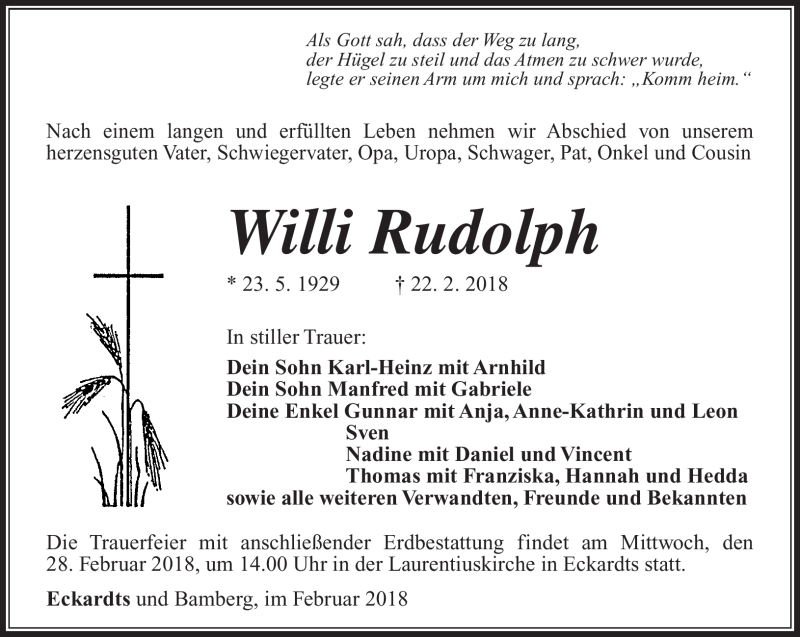  Traueranzeige für Willi Rudolph vom 24.02.2018 aus Südthüringer Presse