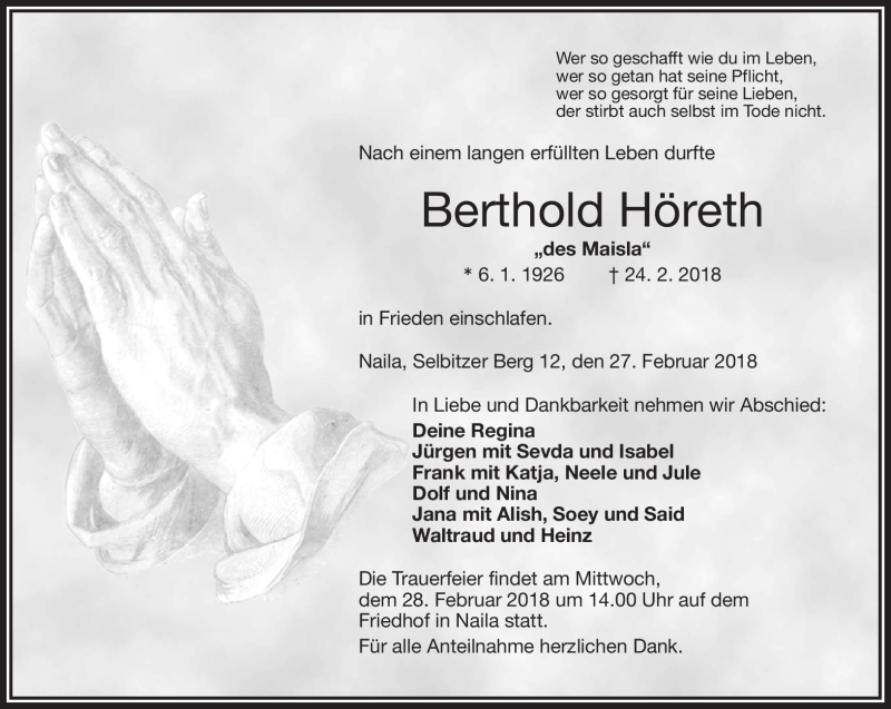  Traueranzeige für Berthold Höreth vom 27.02.2018 aus Frankenpost