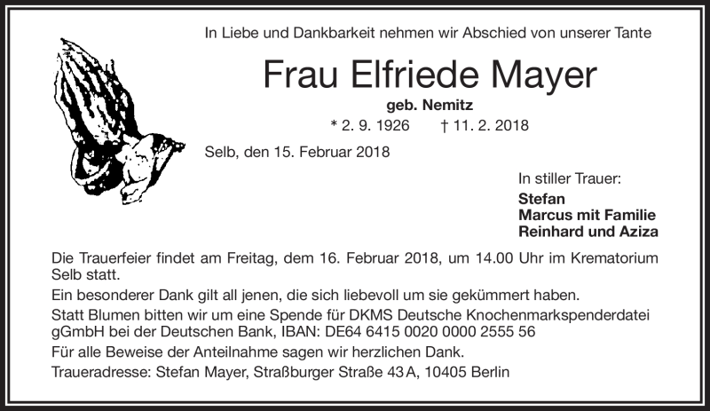  Traueranzeige für Elfriede Mayer vom 15.02.2018 aus Frankenpost