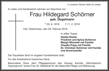 Traueranzeige von Hildegard Schörner von Frankenpost