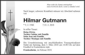 Traueranzeige von Hilmar Gutmann von Südthüringer Presse