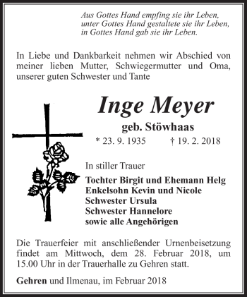 Traueranzeige von Inge Meyer von Südthüringer Presse
