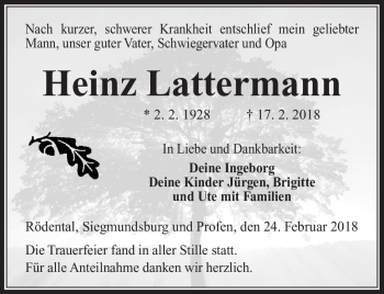 Traueranzeige von Heinz Lattermann von Südthüringer Presse